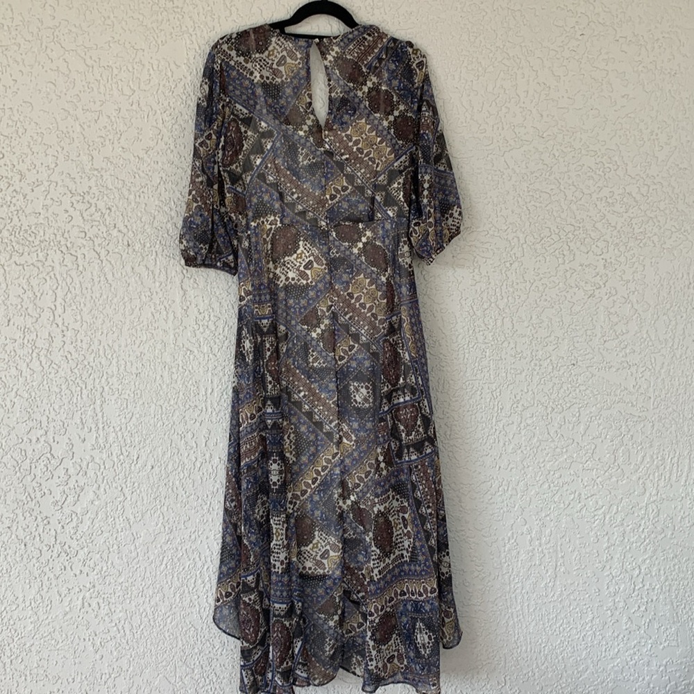 Calvin Klein Faux Wrap Chiffon Printed High low bohemian style dress. - Picture 3 of 13